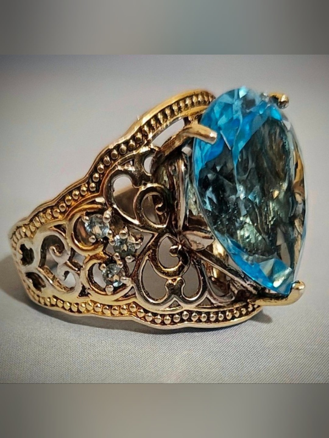 Art Deco Sterling Silver Huge Teardrop Blue Topaz Filigree Statement Ring